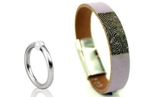 as ring, mat zilver met pareltje - leren armband met vingerafdruk